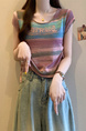 Real Shot Wholesale Price 2025 Summer New Sweet and Spicy Style Rainbow Contrast Striped Drawstring Knitted Tops in Multicolor