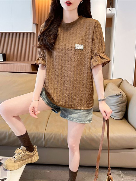 Real Shot of 2025 Summer Loose New Korean Style Short-Sleeved T-Shirt for Women in Solid Brown Color All-Match Tops