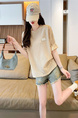 Real Shot of 2025 Summer Loose New Korean Style Short-Sleeved T-Shirt for Women in Solid Beige Color All-Match Tops