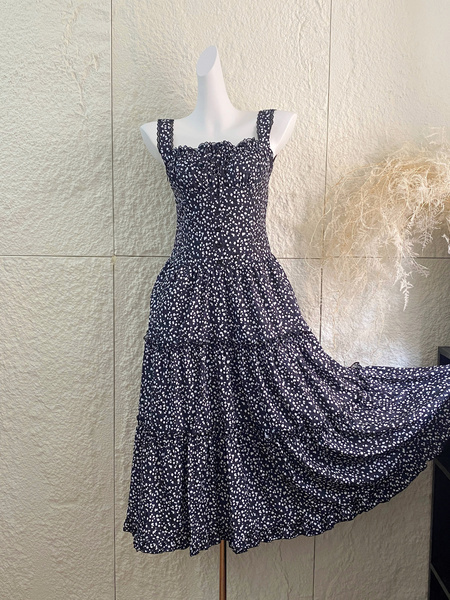Monday 5.7/10:00am Hanano Overture Chest Drawstring Lace Patchwork Suspender Dress with Large Skirt - Navy Blue