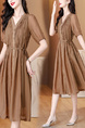 Ready-to-Wear Fashion Pleated Dress for Women 2025 Summer New V-Neck Simple Long Dress European Goods - Chocolate Brown